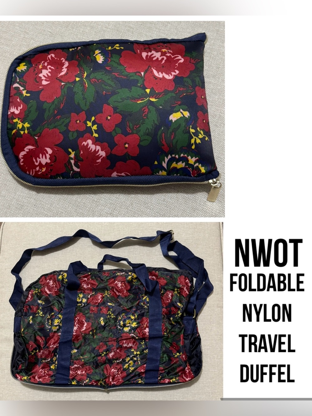 NWOT Pure Honey Grab & Go Foldable Travel Duffle-Floral/Blue-Lightweight Nylon